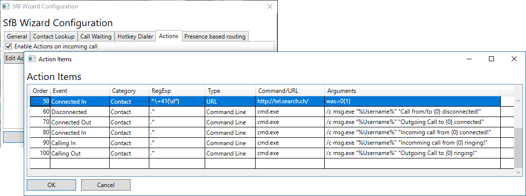Screen shot Actions config form