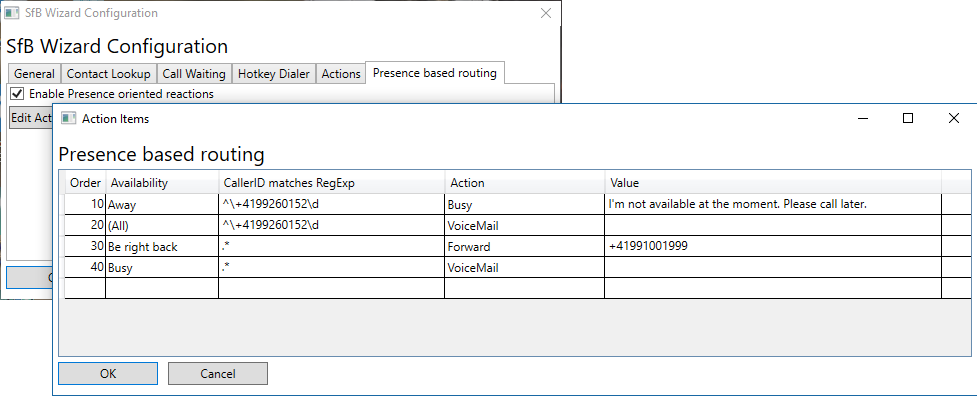 Screen shot presence based call handling configuration form