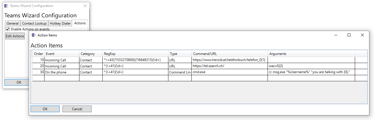 Screen shot Actions config form